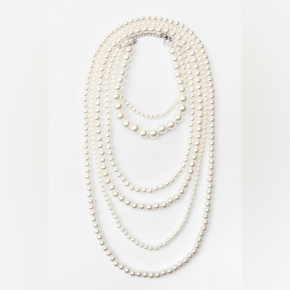 Zara Multi-Strand Faux Pearl Statement Necklace in Ivory